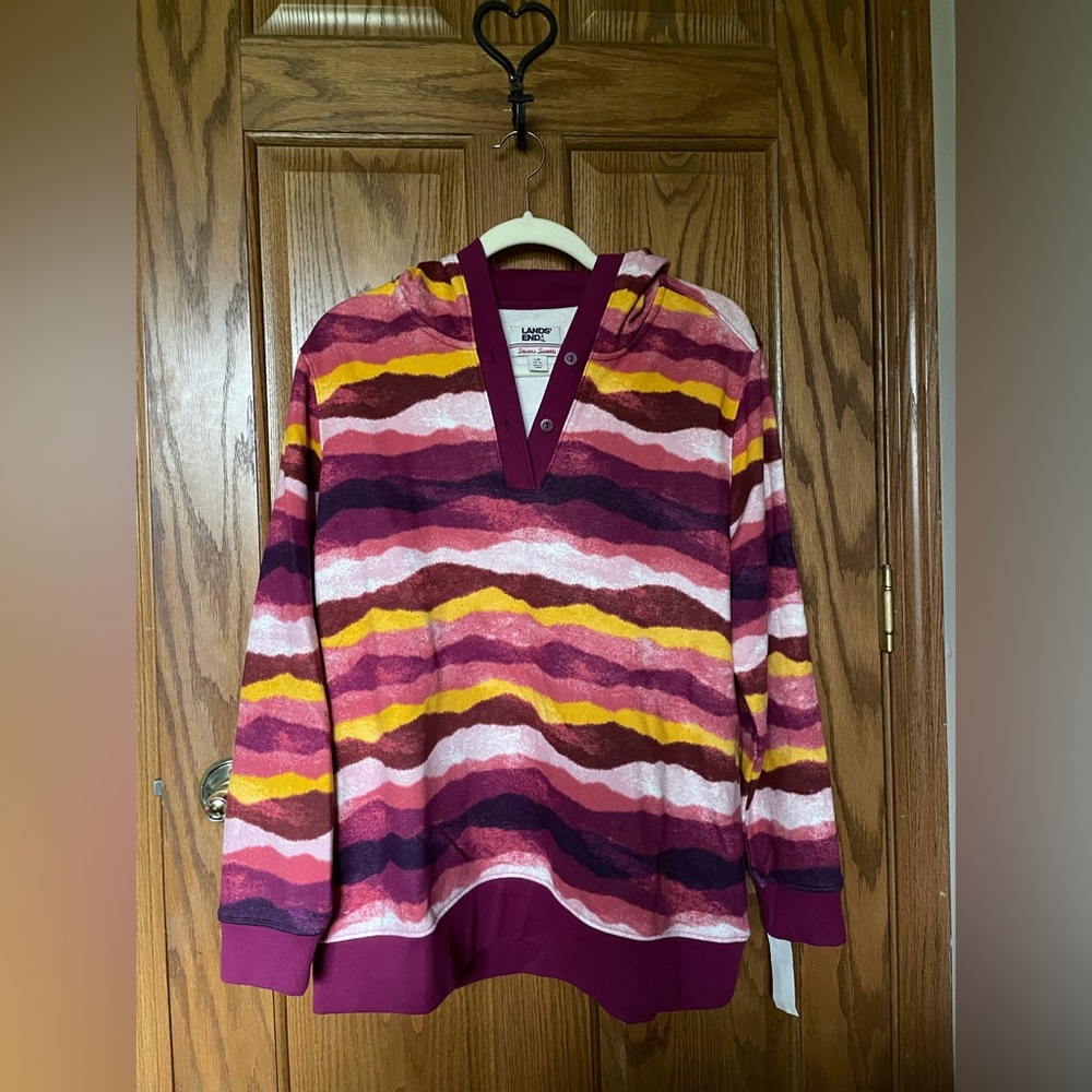 Multicolored Lands End Serious Sweats Sweatshirt with Buttons & Hood